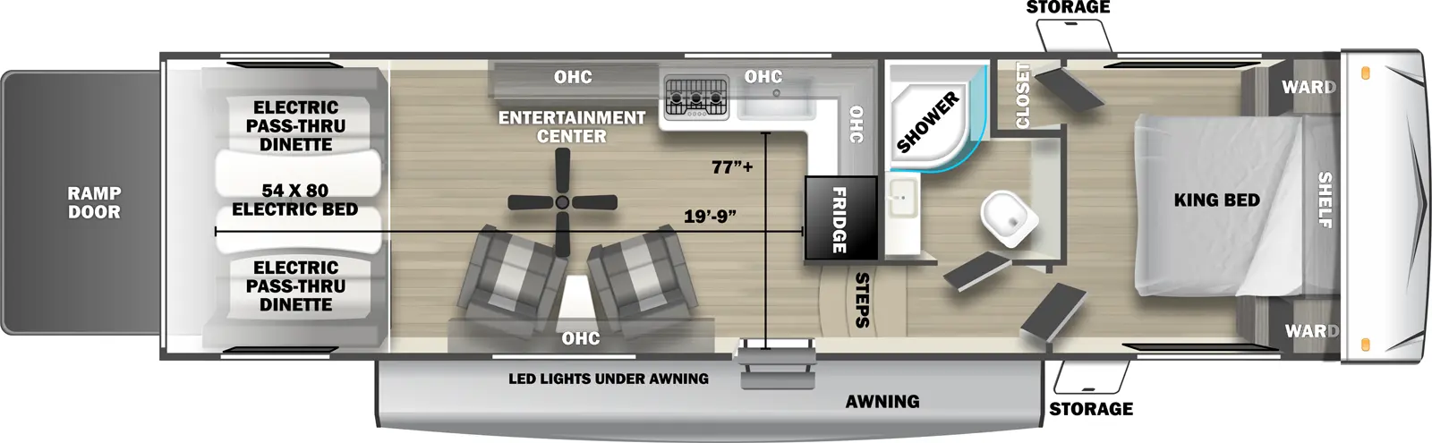 The 3210RLX has zero slideouts, one entry, and rear ramp door. Exterior features storage and awning with LED light underneath. Interior layout front to back: foot-facing king bed with shelf above, wardrobes on each side, and off-door side closet; off-door side full bathroom; steps down to main living area and entry; refrigerator and kitchen counter with overhead cabinet wrap from inner wall to off-door side with sink, cooktop and entertainment center; door side chairs with end table, overhead cabinet, and paddle fan; rear opposing electric pass-thru dinettes with electric bed above. Garage dimensions: 19 foot 9 inches from rear to kitchen counter; 77" from door side to kitchen counter.